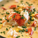 Delicious lobster chowder garnished with fresh herbs in a bowl, accompanied by crusty bread and salad.