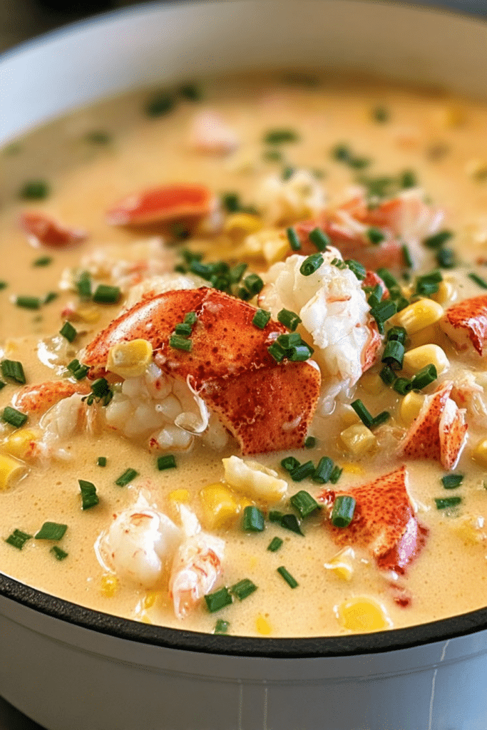 Delicious lobster chowder garnished with fresh herbs in a bowl, accompanied by crusty bread and salad.