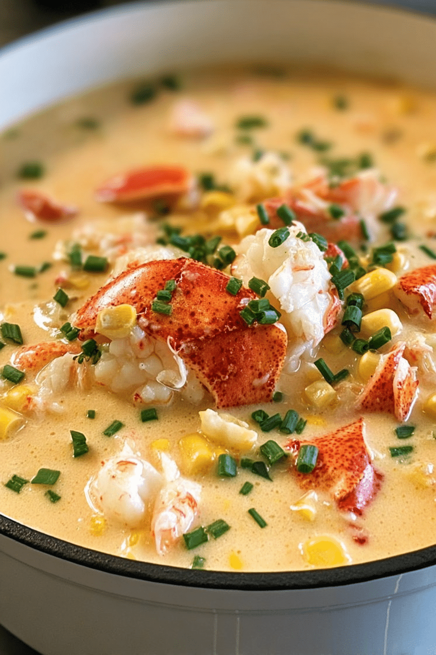 Delicious lobster chowder garnished with fresh herbs in a bowl, accompanied by crusty bread and salad.