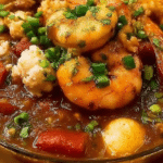 A delicious bowl of Louisiana seafood gumbo with shrimp, crabmeat, and andouille sausage, served over rice and garnished with fresh parsley.