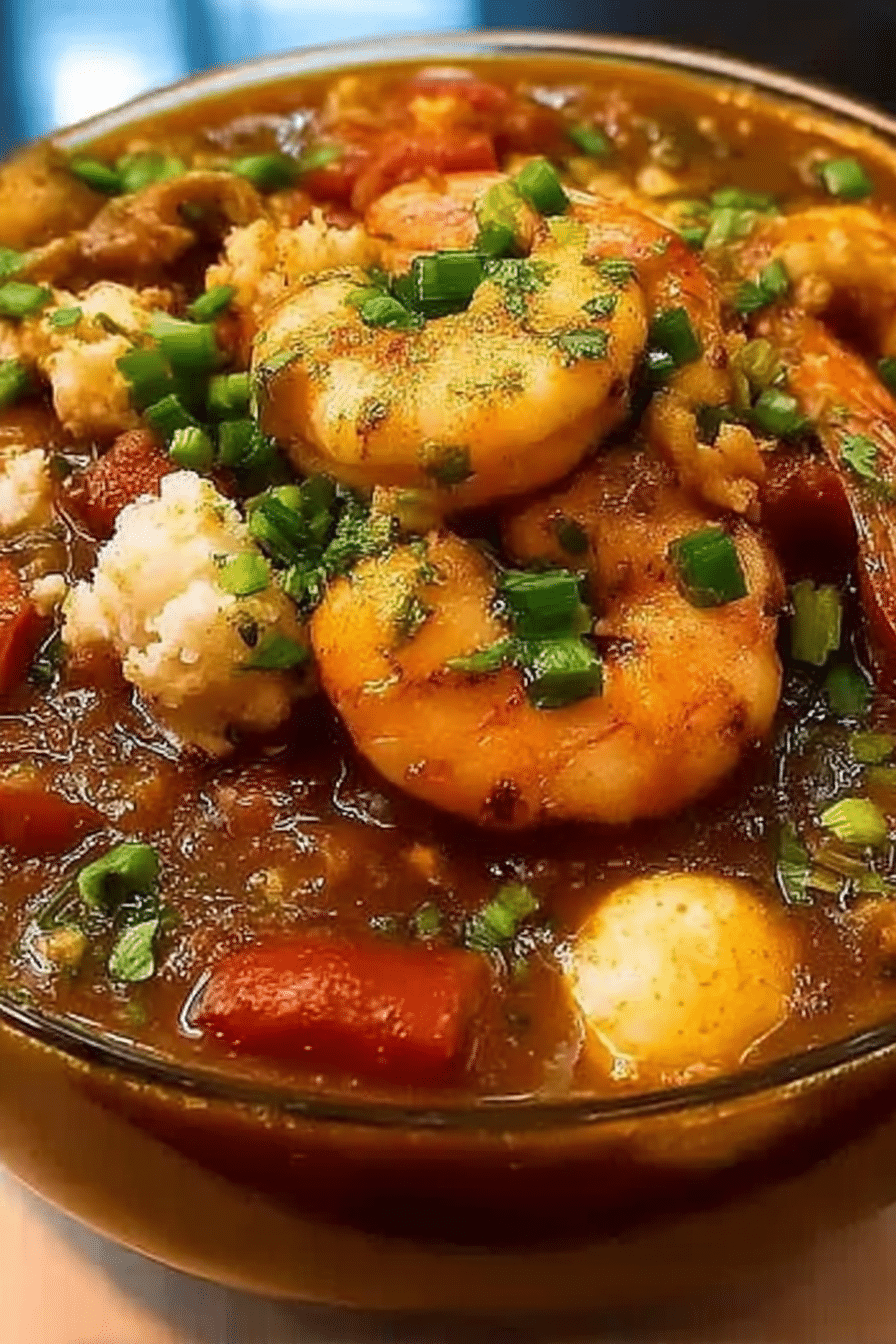 A delicious bowl of Louisiana seafood gumbo with shrimp, crabmeat, and andouille sausage, served over rice and garnished with fresh parsley.