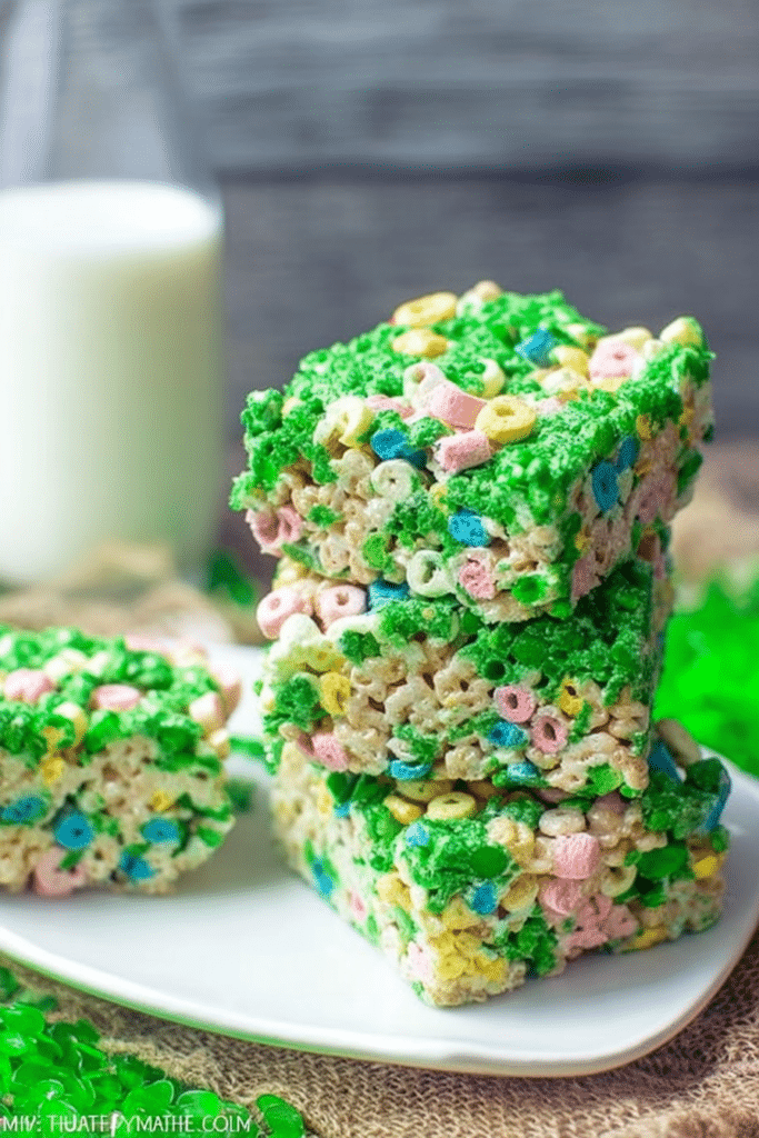 Colorful Lucky Charms Rice Krispie Treats arranged on a plate with extra marshmallows and vibrant colors.