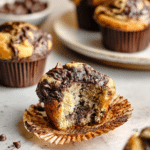 Delicious marbled banana muffins with chocolate swirls and fresh bananas on a wooden table.