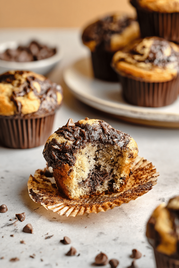 Delicious marbled banana muffins with chocolate swirls and fresh bananas on a wooden table.
