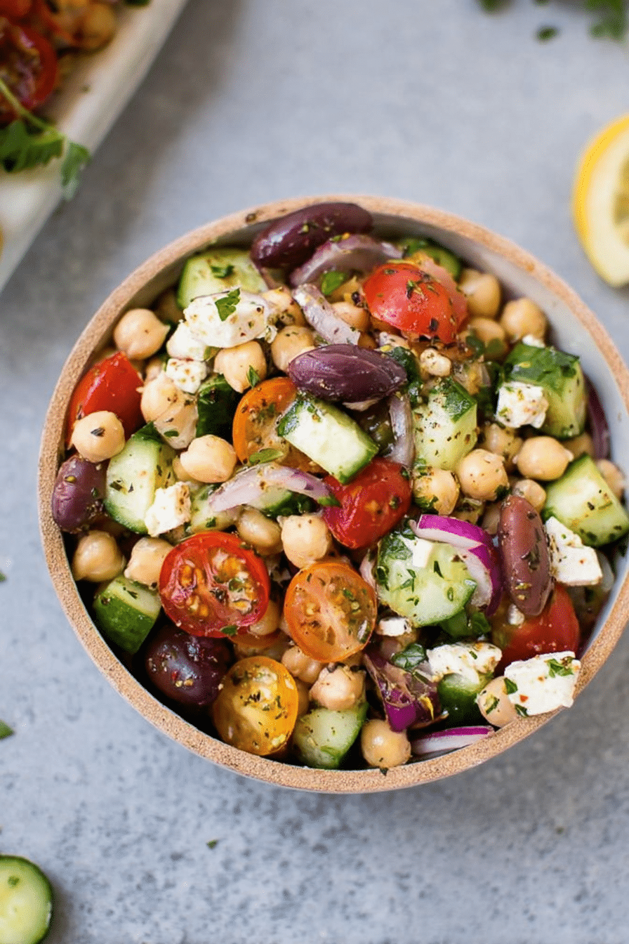 Mediterranean chickpea salad with fresh vegetables, chickpeas, and herbs in a rustic bowl.