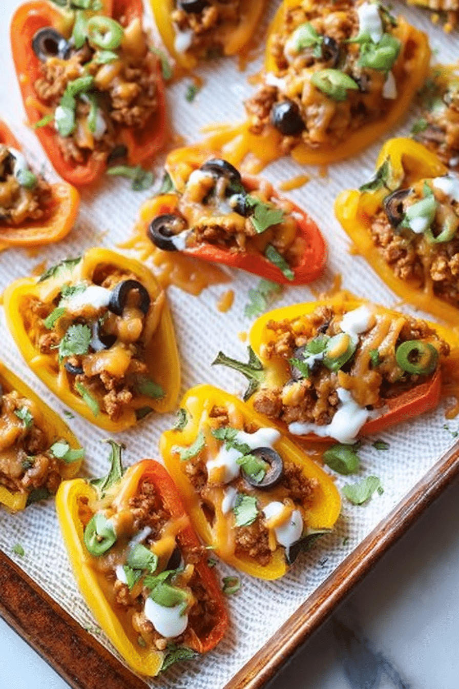 Mini Bell Pepper Loaded Turkey Nachos served with black olives and cilantro on a rustic wooden table.