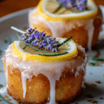Elegant mini lemon cakes drizzled with lavender glaze, garnished with edible flowers and lemon zest on a rustic table.