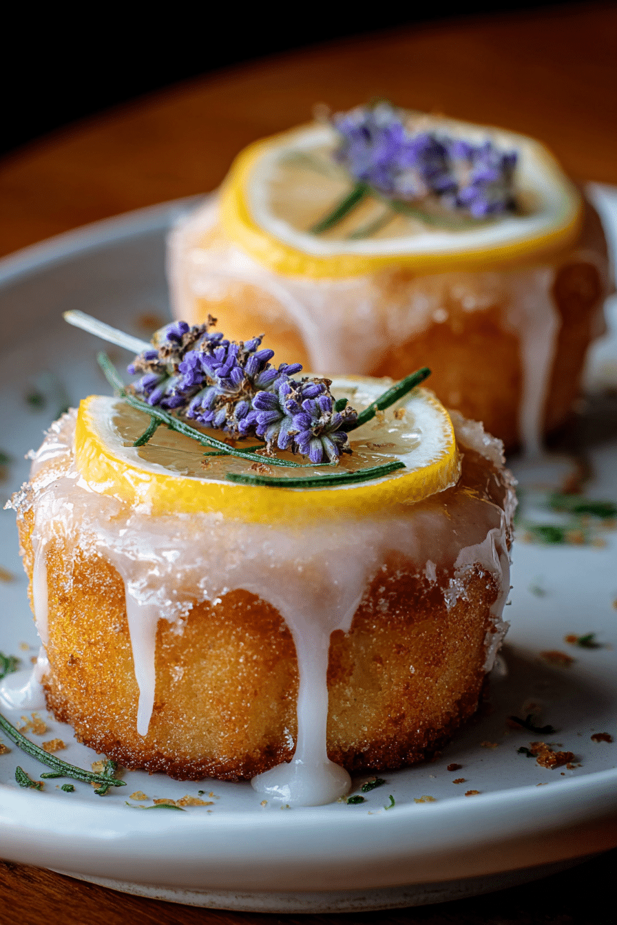 Elegant mini lemon cakes drizzled with lavender glaze, garnished with edible flowers and lemon zest on a rustic table.