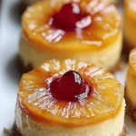 Close-up of mini pineapple upside down cheesecakes with caramel drizzle and pineapple topping.
