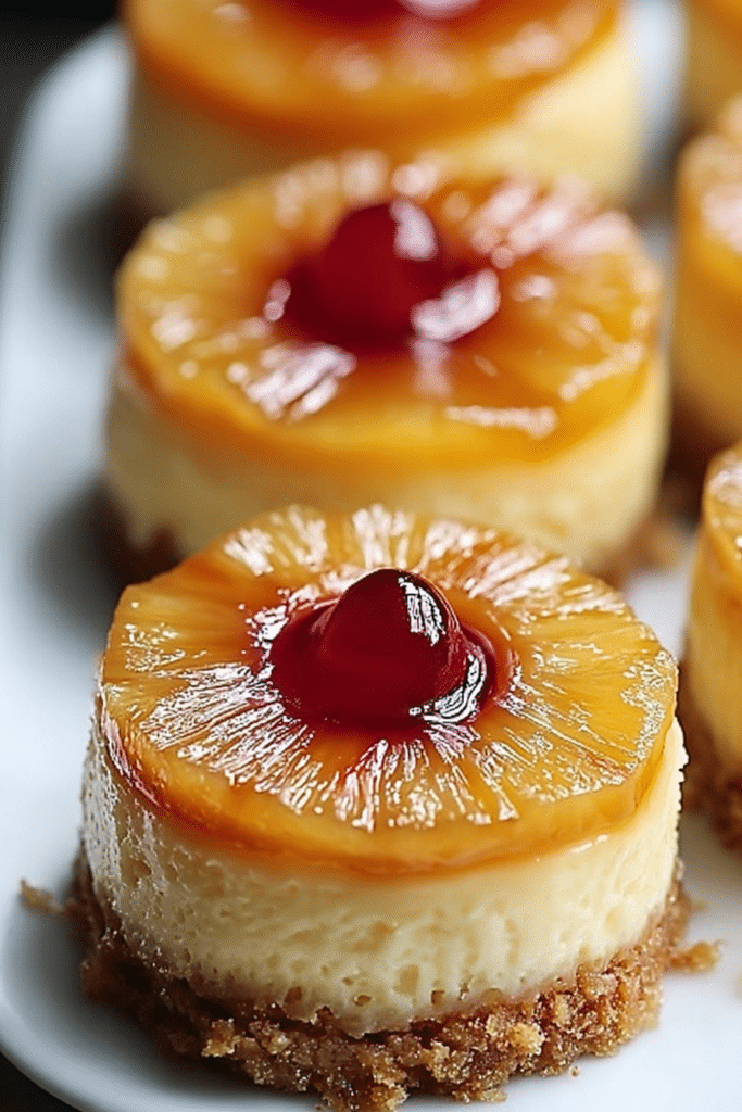 Close-up of mini pineapple upside down cheesecakes with caramel drizzle and pineapple topping.