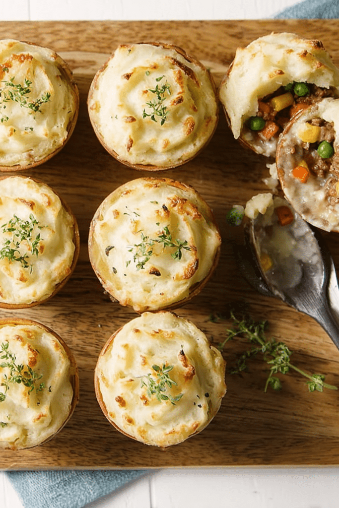 Delicious mini shepherd's pot pies baked to perfection, garnished with fresh herbs on a wooden surface.