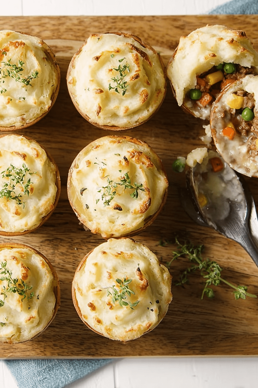 Delicious mini shepherd's pot pies baked to perfection, garnished with fresh herbs on a wooden surface.