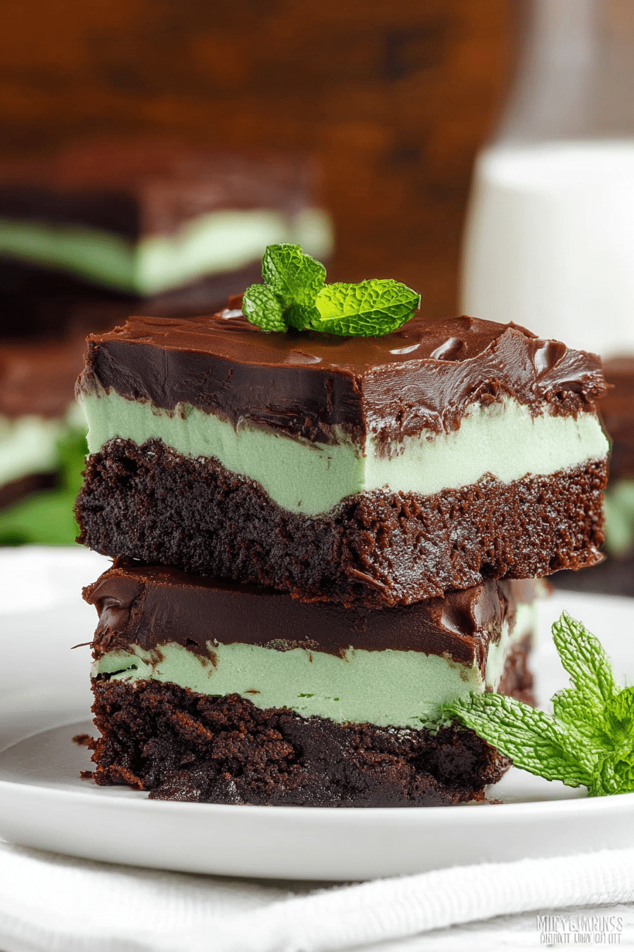 Close-up of decadent mint chocolate brownies topped with chocolate ganache and mint leaves.