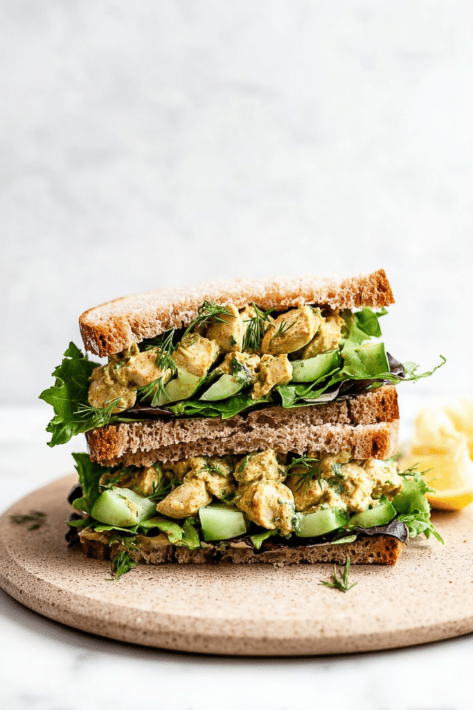 Close-up of Moroccan-Spiced Greek Yogurt Chicken Salad in a bowl, garnished with fresh cilantro and parsley, featuring dried cherries and chopped pecans.