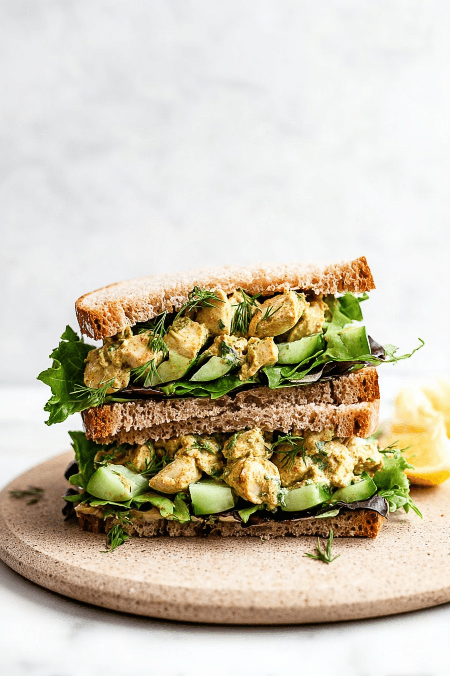 Close-up of Moroccan-Spiced Greek Yogurt Chicken Salad in a bowl, garnished with fresh cilantro and parsley, featuring dried cherries and chopped pecans.