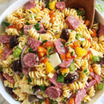 Colorful Muffuletta Pasta Salad with olives, salami, and cheese in a bowl on a picnic table.