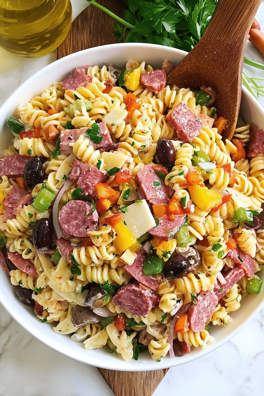 Colorful Muffuletta Pasta Salad with olives, salami, and cheese in a bowl on a picnic table.