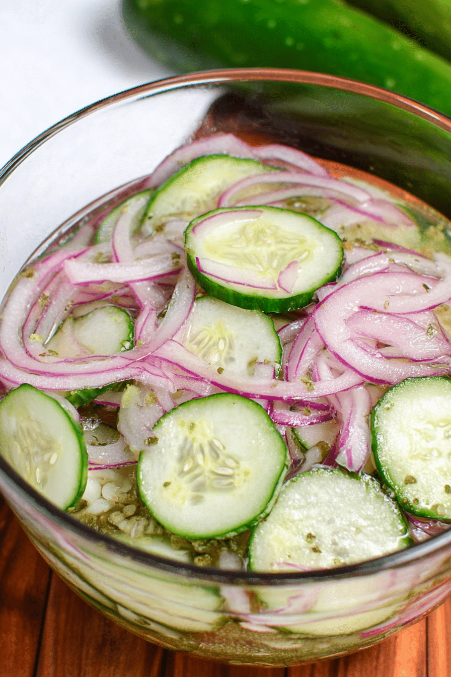 Old fashioned cucumber salad served in a decorative bowl with fresh cucumbers, red onions, and dill, showcasing a colorful and appetizing presentation.