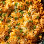 One pan chicken and Mexican rice topped with cheese, cilantro, and avocado, served in a colorful dish.