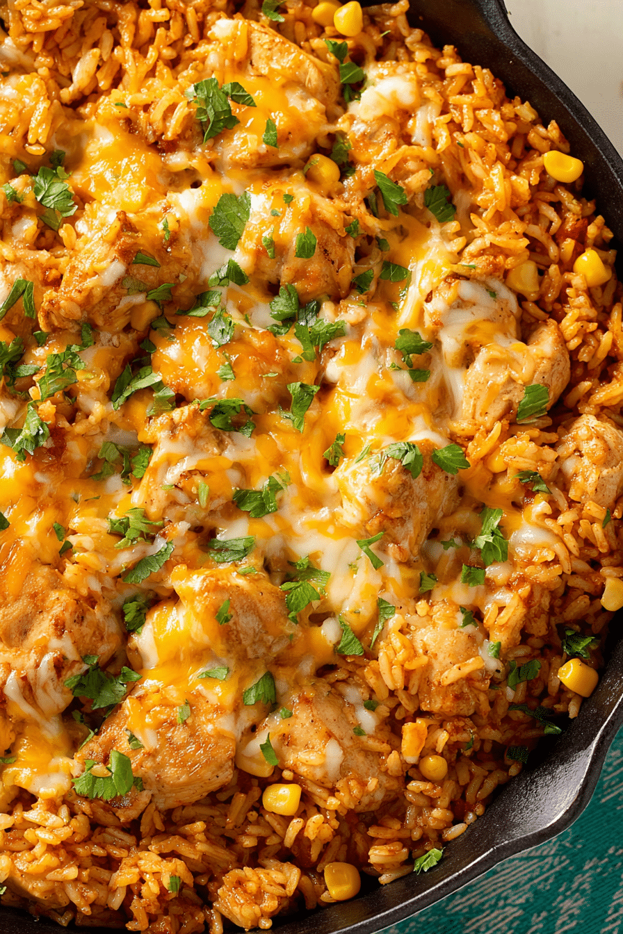 One pan chicken and Mexican rice topped with cheese, cilantro, and avocado, served in a colorful dish.
