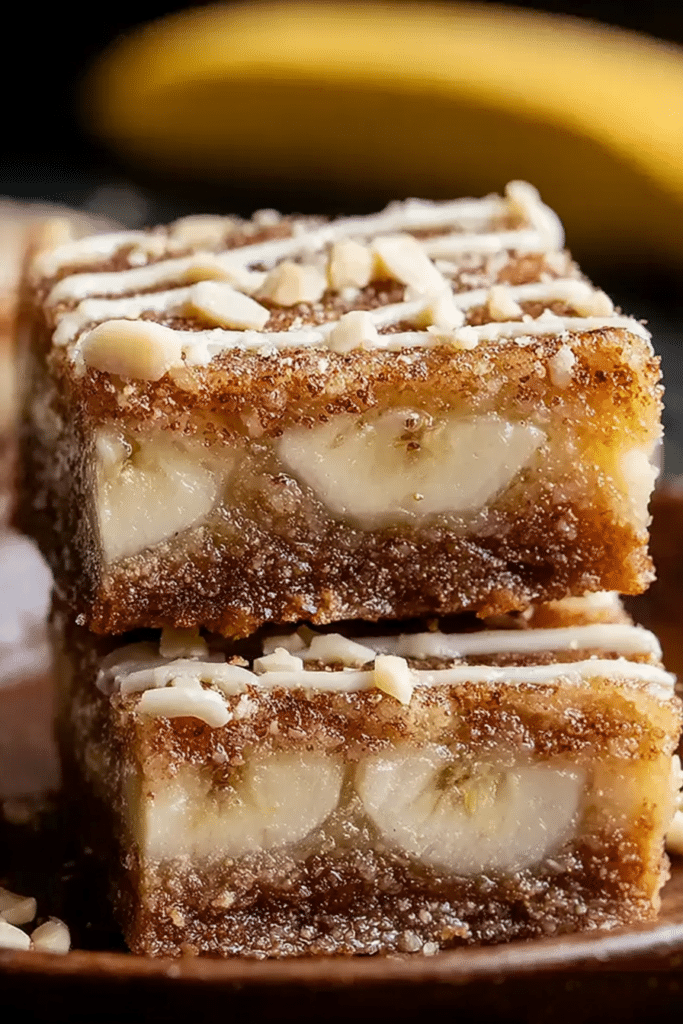 Close-up of ooey gooey banana bars topped with salted caramel, served on a rustic plate.