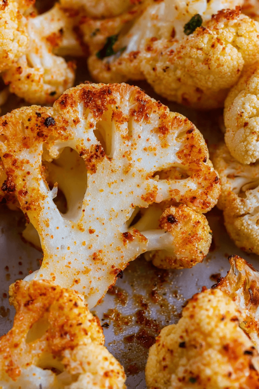 Oven roasted cauliflower with golden brown edges served on a white plate garnished with fresh parsley.