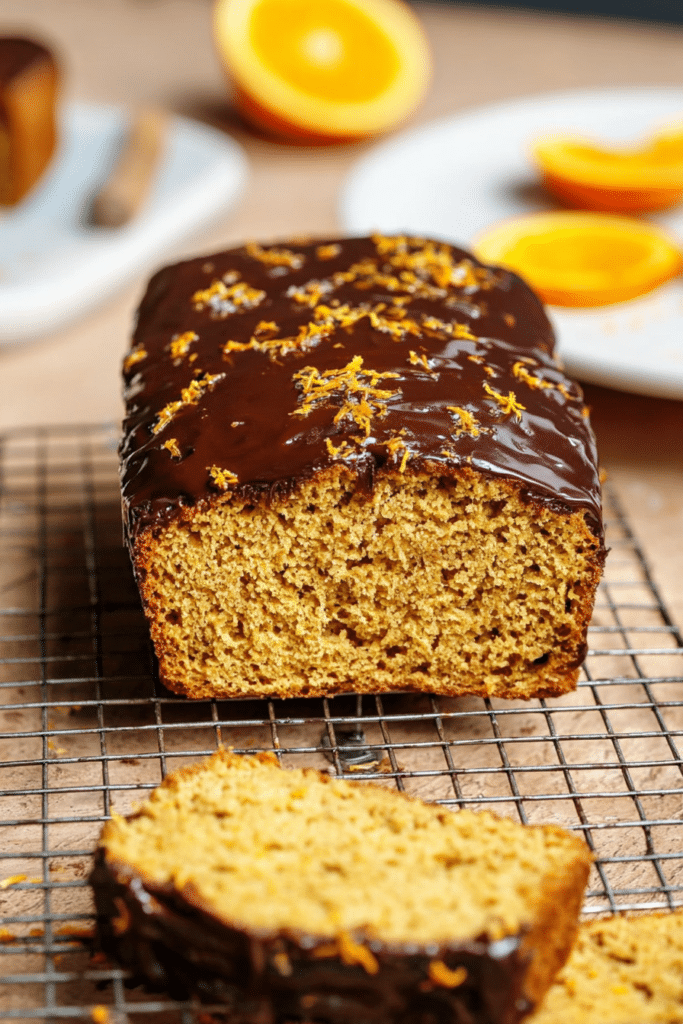 Paleo orange kissed loaf with dark chocolate glaze and fresh orange zest on a wooden table