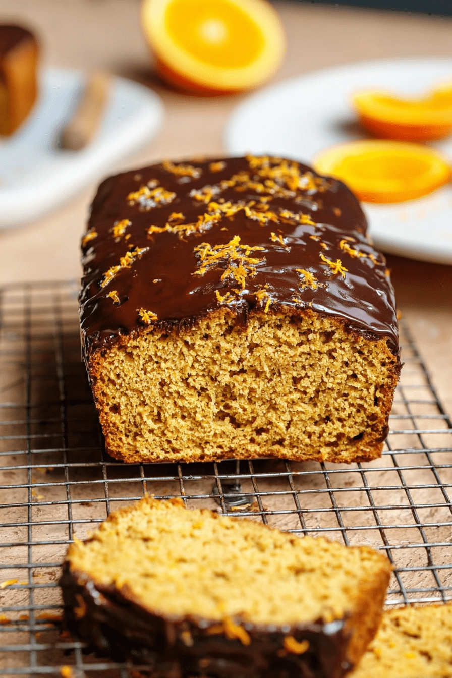 Paleo orange kissed loaf with dark chocolate glaze and fresh orange zest on a wooden table