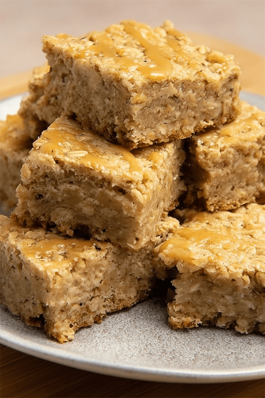 Delicious peanut butter banana bars topped with peanut butter glaze and fresh banana slices on a white plate
