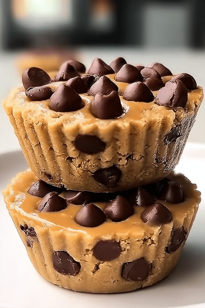 Close-up of peanut butter chocolate chip cookie cups with dark chocolate ganache on a wooden table.