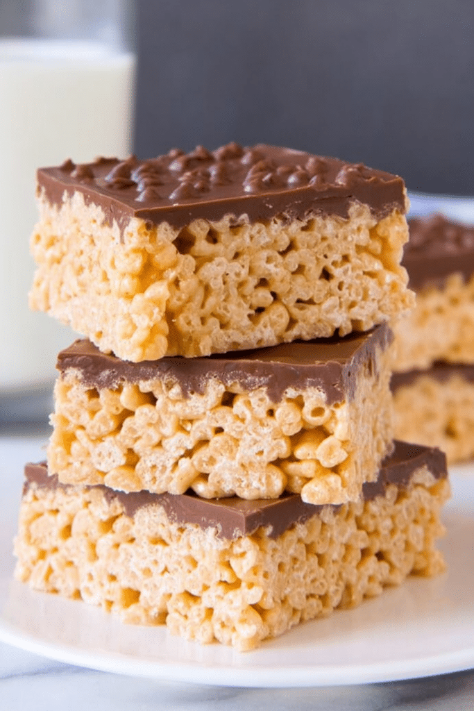 Delicious close-up of homemade Peanut Butter Rice Krispie Treats topped with chocolate drizzle and decorated with peanuts.
