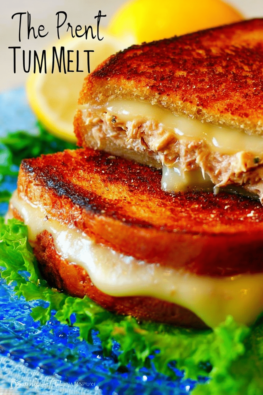 The perfect tuna melt with golden toasted bread and melted mozzarella cheese, sliced in half to reveal the creamy tuna filling.