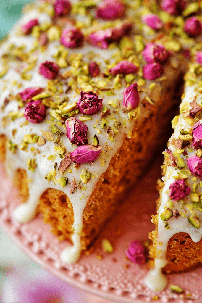 Persian Love Cake topped with rose petals and pistachios, served on decorative fabric with a cup of tea.