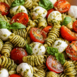 Pesto caprese pasta salad with cherry tomatoes and mini mozzarella balls in a bowl, garnished with fresh basil leaves.