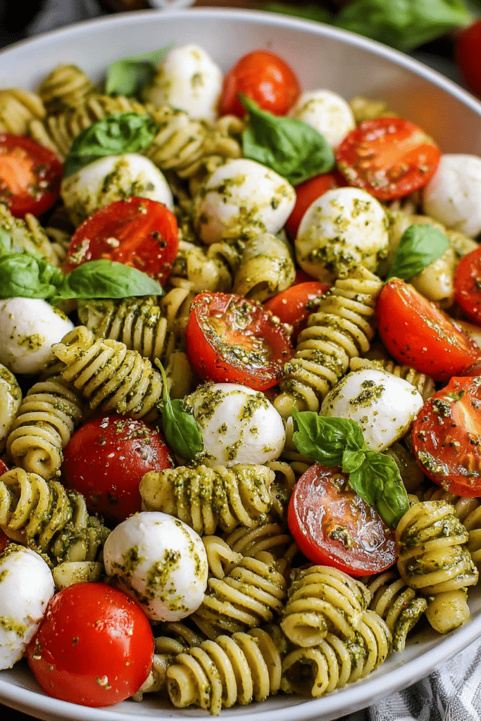 Pesto caprese pasta salad with cherry tomatoes and mini mozzarella balls in a bowl, garnished with fresh basil leaves.