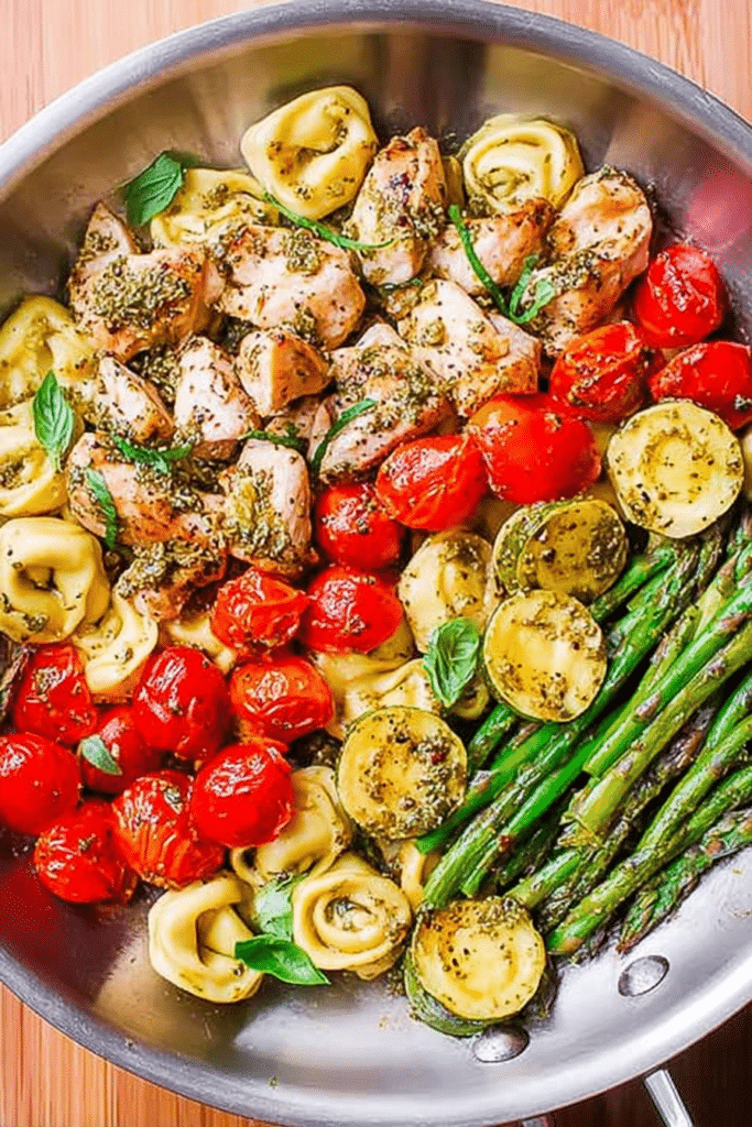 Colorful bowl of pesto chicken tortellini with asparagus, cherry tomatoes and sun-dried tomatoes, topped with fresh basil.