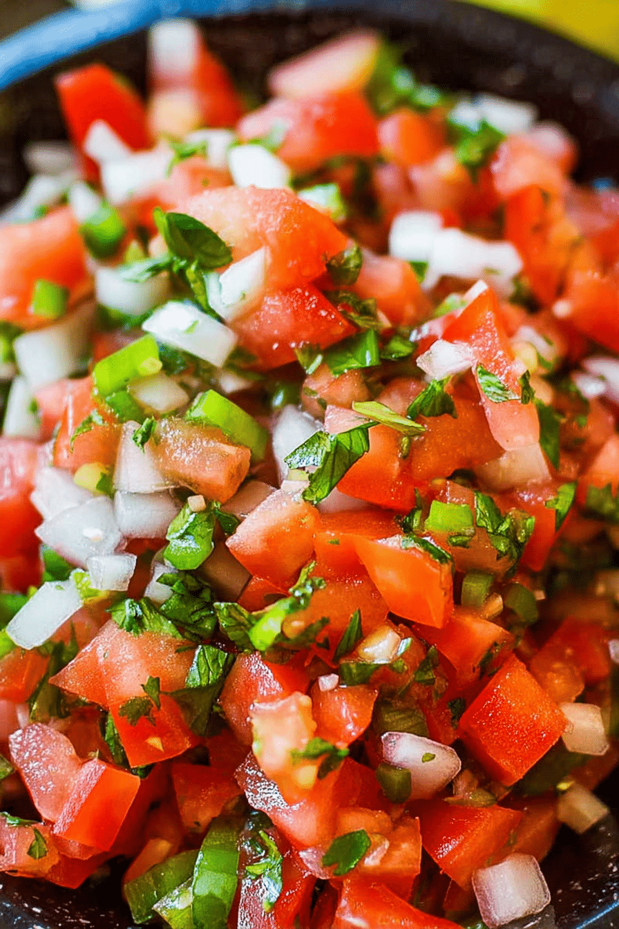 Fresh pico de gallo salsa made with diced tomatoes, onions, jalapenos, and cilantro in a bowl with a lime wedge.