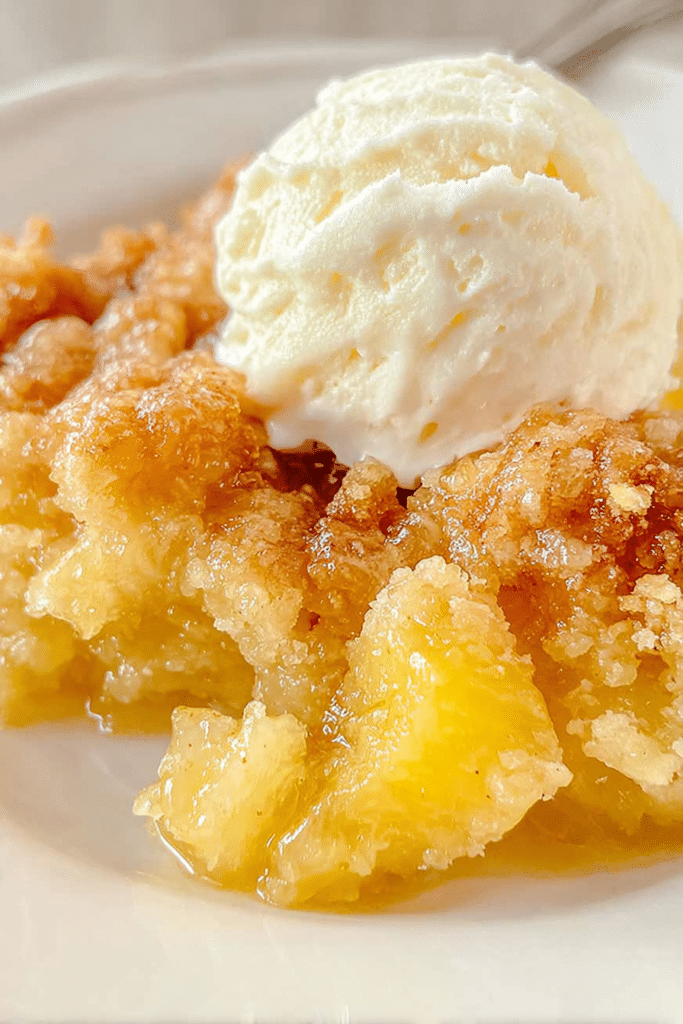 Delicious pineapple dump cake served with vanilla ice cream and cherry on top.