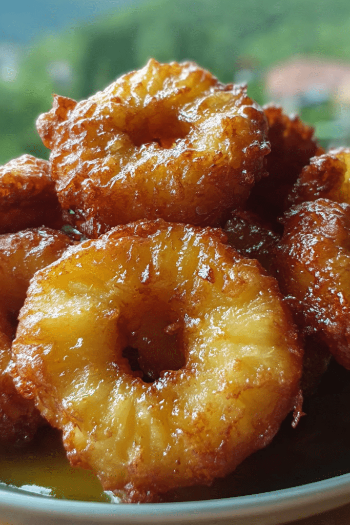 Close-up of pineapple fritters with Maui mango sauce, garnished with mint leaves