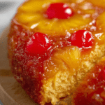 A slice of pineapple upside down cake with cherries on top, served on a decorative plate.