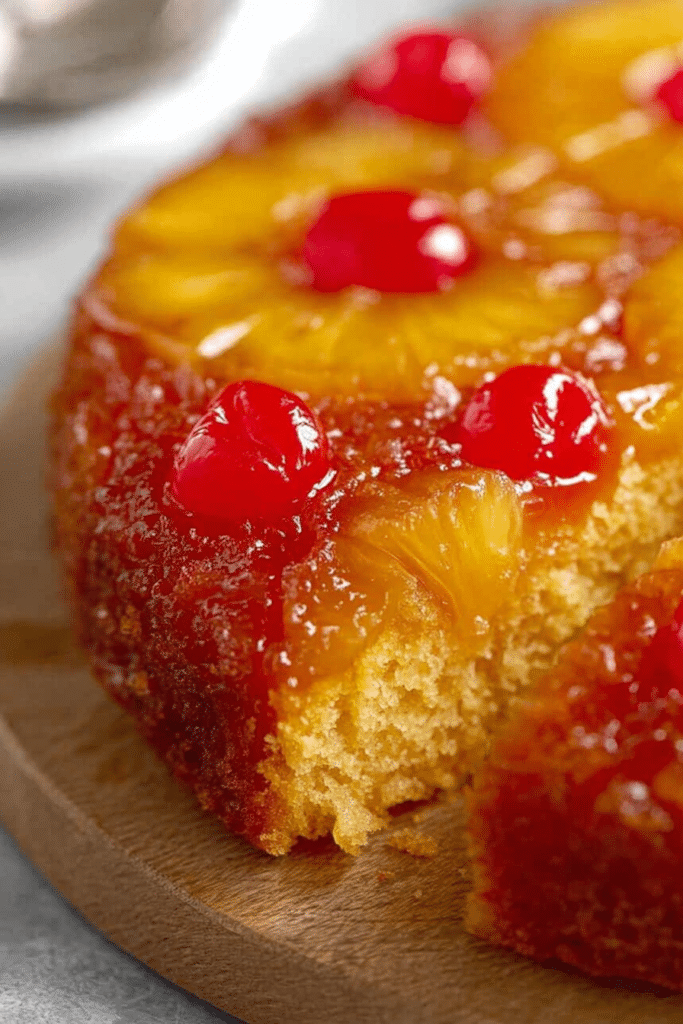 A slice of pineapple upside down cake with cherries on top, served on a decorative plate.