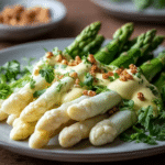 Plated German asparagus with Hollandaise sauce and fresh herbs, representing a traditional German recipe.