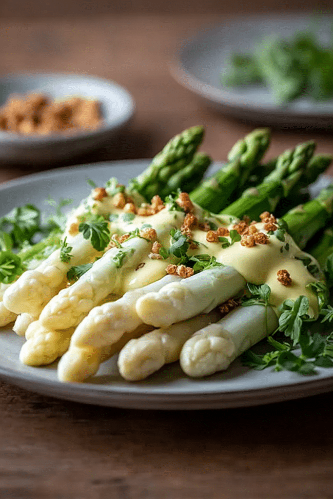 Plated German asparagus with Hollandaise sauce and fresh herbs, representing a traditional German recipe.
