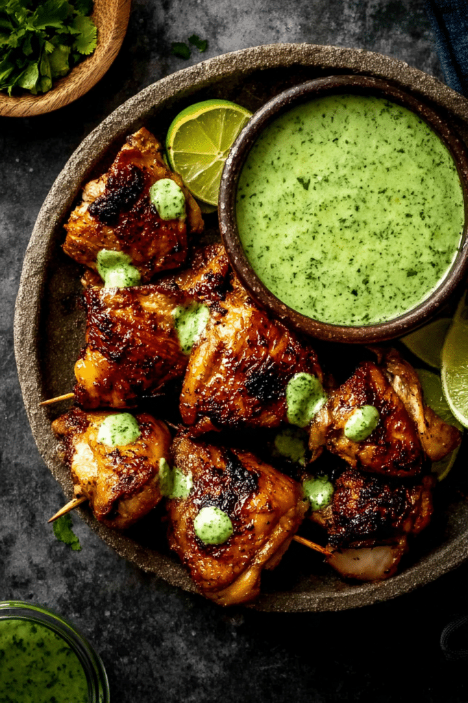 Plated Peruvian chicken served with creamy green sauce and garnished with cilantro.
