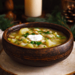 A bowl of potato leek and white bean soup topped with sour cream and chives on a wooden table