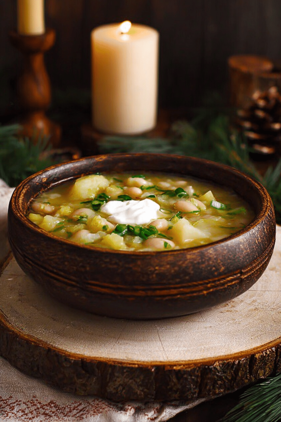 A bowl of potato leek and white bean soup topped with sour cream and chives on a wooden table
