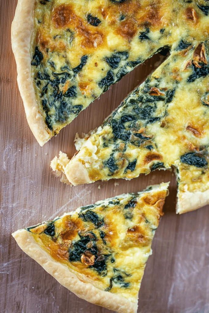Freshly baked Quiche Florentine with spinach and cheese displayed on a rustic wooden table.