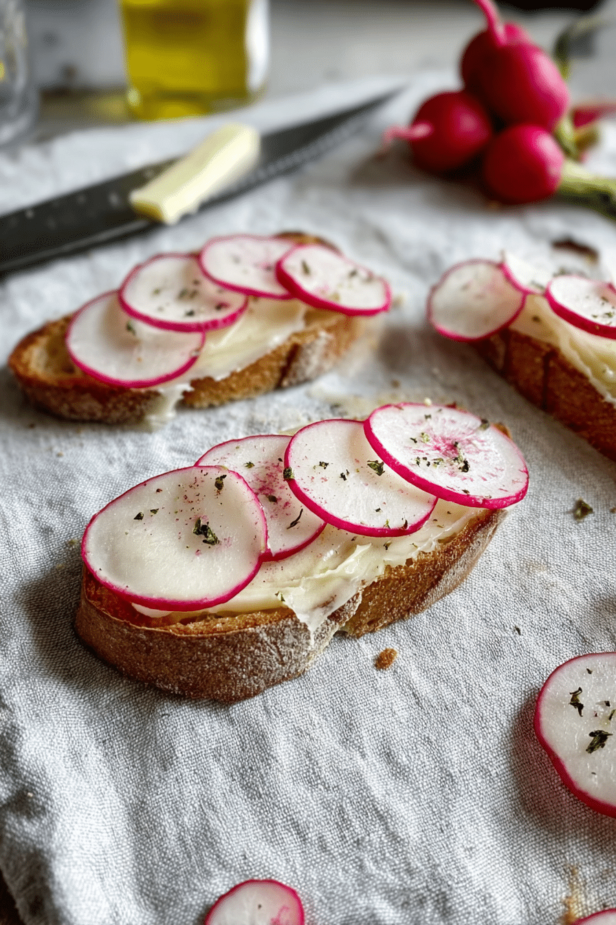 Radish and Butter Tartine on wooden table with fresh radishes and butter dish