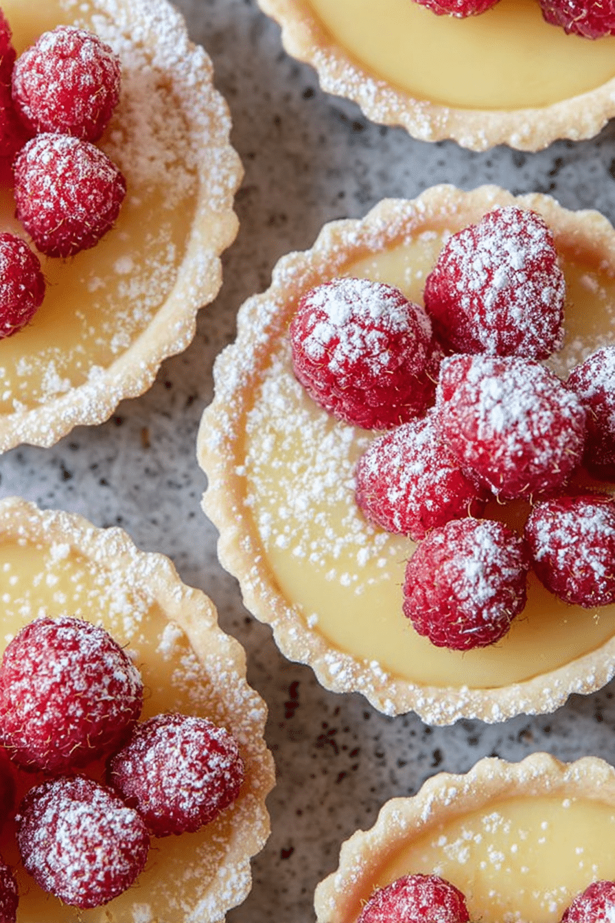 Close-up of a raspberry lemon tart topped with fresh raspberries and powdered sugar on a wooden table