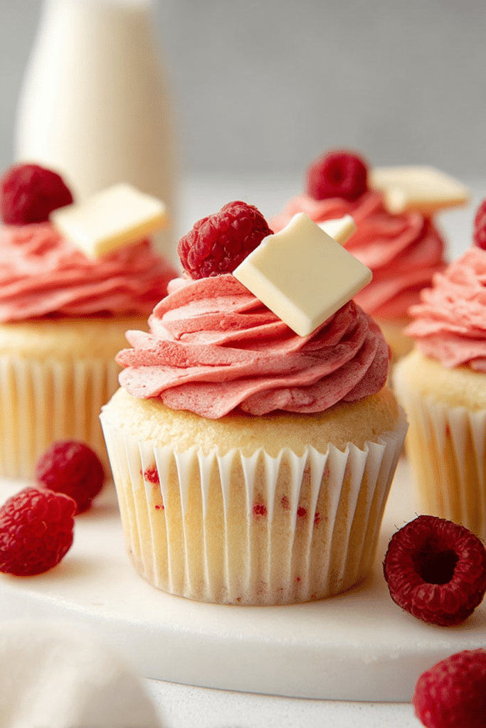 Close-up of a raspberry and white chocolate cupcake with raspberry buttercream and white chocolate ganache.